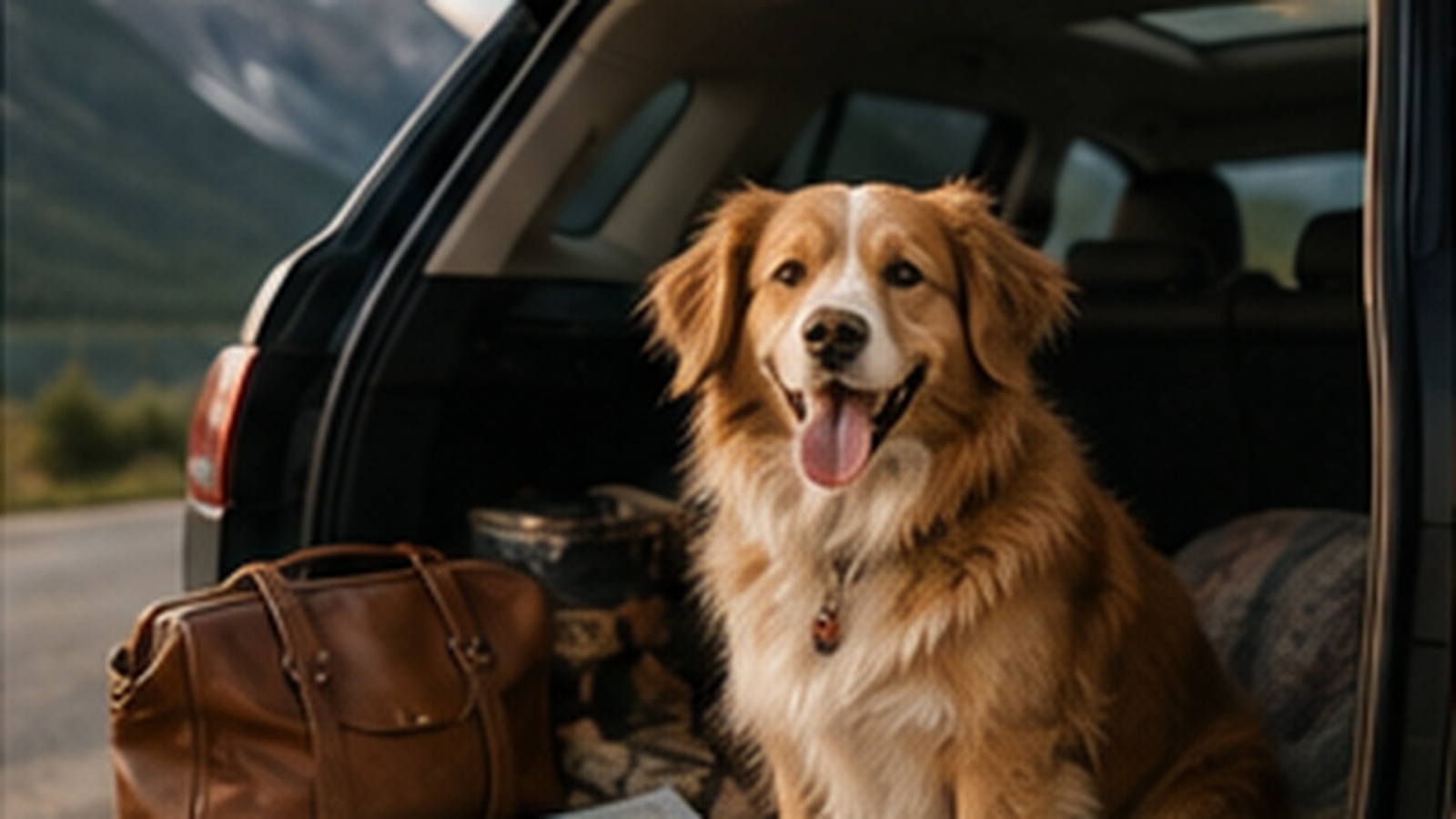 A dog sits beside luggage in the open boot of a car overlooking a coastal mountain landscape.
