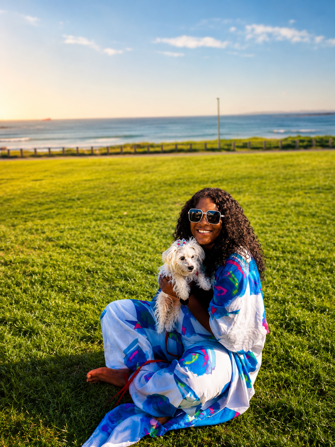 Kunari founder at Big Bay beach Cape Town with her dog