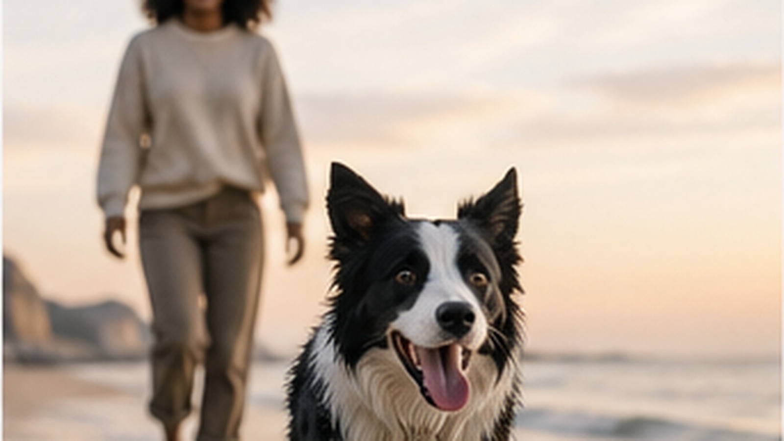 A happy dog walks along the beach with its owner following behind in the warm evening light.