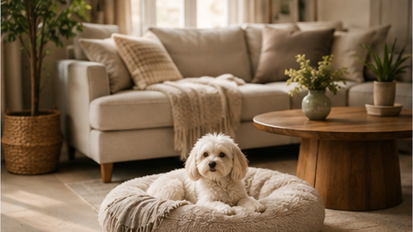 A maltese relaxes on a soft bed in a warm, stylish and pet-friendly living room.