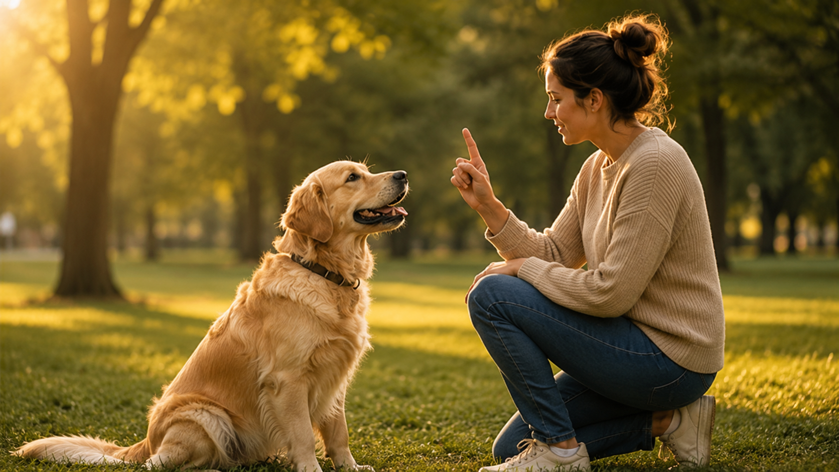 A woman kneels in a sunlit park while giving a hand signal to an attentive golden retriever.
